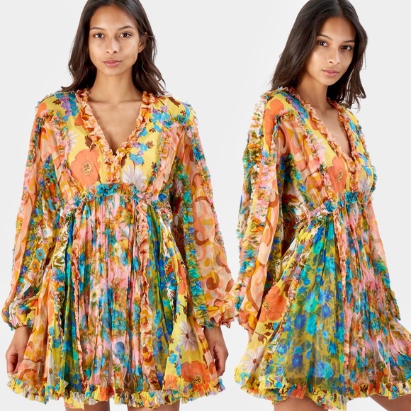ZIMMERMANN Ruffled Floral Silk Chiffon Estelle Billow Mini Dress - Picture 1 of 5